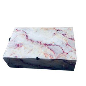 Jewelry Storage Marble Print Box Velvet Interior Ribbon Closure 8 1/3" x 5"
